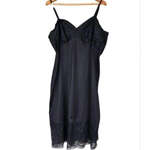 Vintage 1960s Black Lace Lingerie Silky Slip Dress